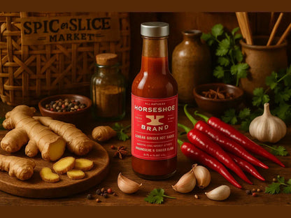 Korean ginger hot sauce bottle in market setting with fresh ginger, chili peppers, garlic, spices