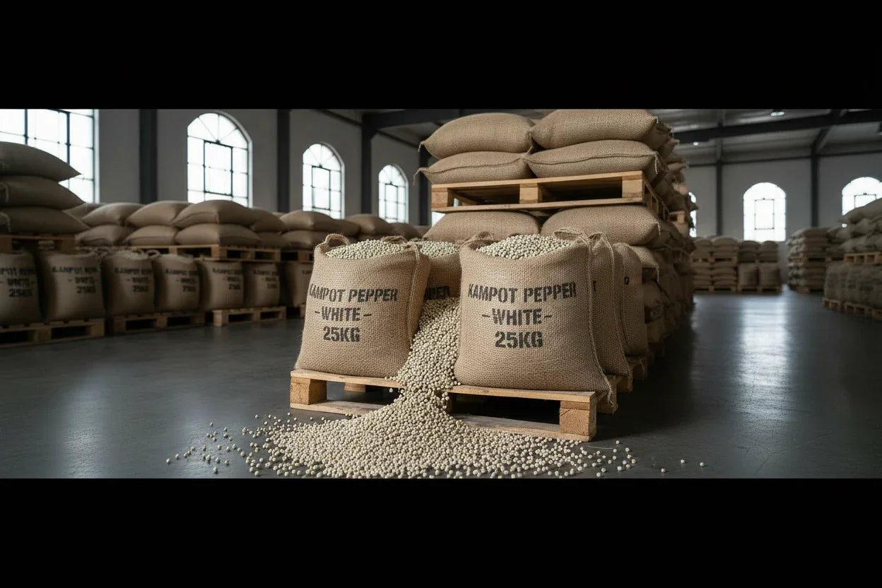 Warehouse storing 25kg burlap sacks of Kampot white pepper, some spilling on floor