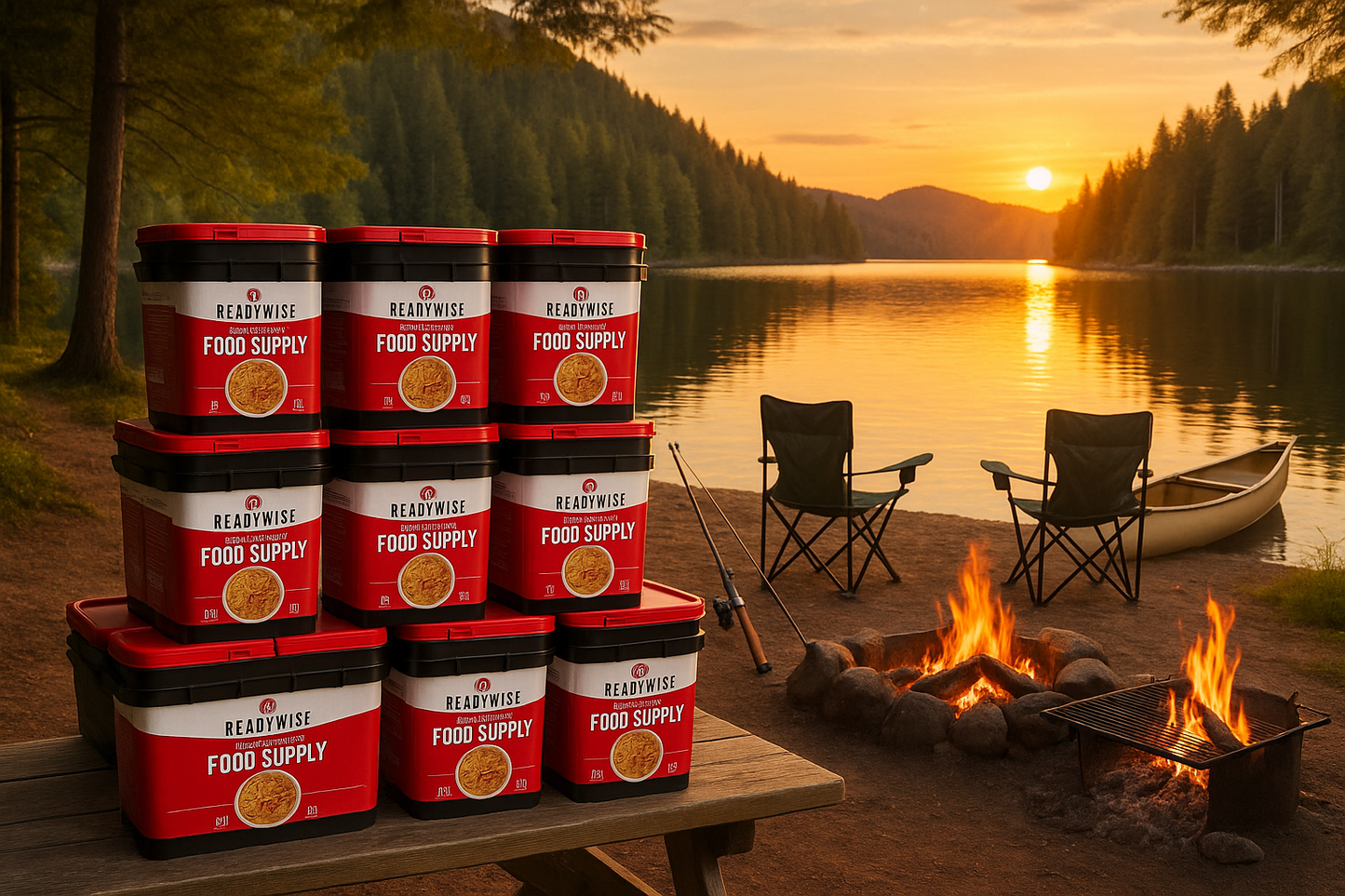 Lakeside camping scene with ReadyWise food buckets