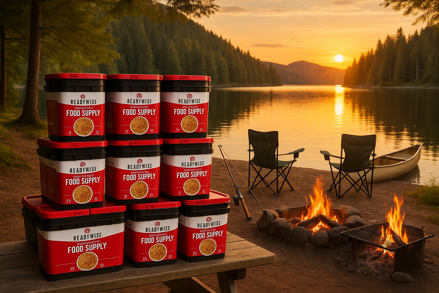 Lakeside camping scene with ReadyWise food buckets