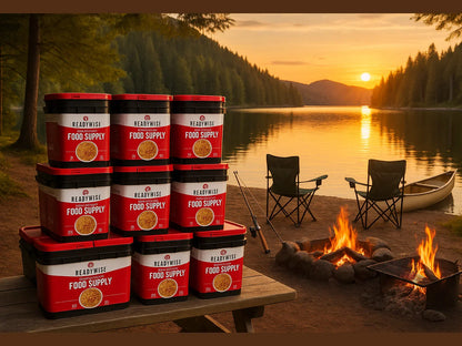 Lakeside camping scene with ReadyWise food supply buckets, campfire, chairs, and canoe at sunset