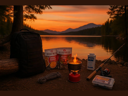 Lakeside camping gear with backpack, food packs, stove, and fishing rod at sunset