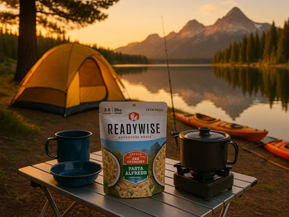 Lakeside family camping with yellow tent, kayaks, cooking gear, and ReadyWise pasta alfredo meal.