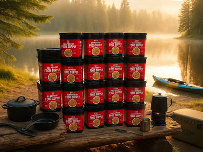 Camping food supply buckets on log by lakeside at sunrise with kayak and cookware