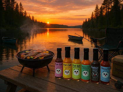 BBQ fish and vegetables on grill by lakeside at sunset with Fat Cat hot sauces on a picnic table.