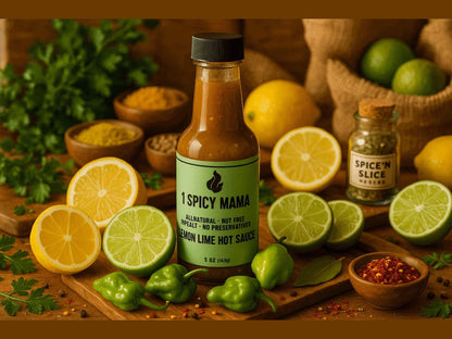 Lemon lime hot sauce bottle with fresh lemons, limes, spices, and herbs in a market setting
