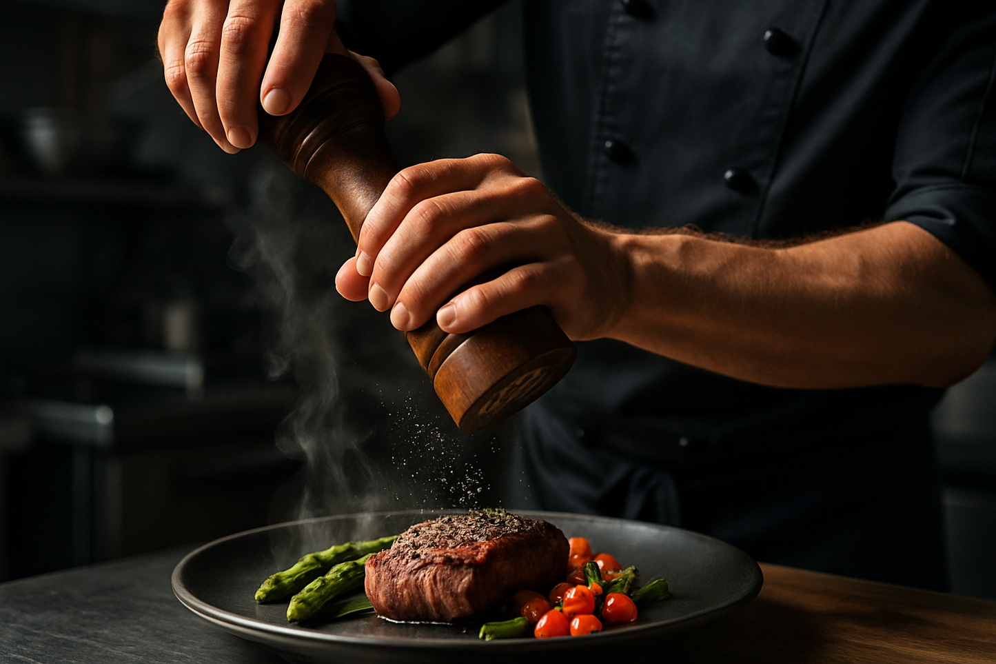 Lifestyle cooking scene with freshly ground black pepper