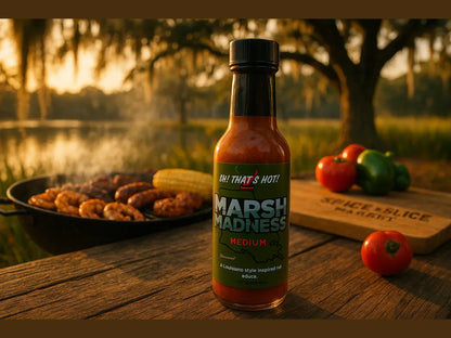 Louisiana Bayou BBQ scene with Marsh Madness hot sauce, grilled meat, and fresh vegetables