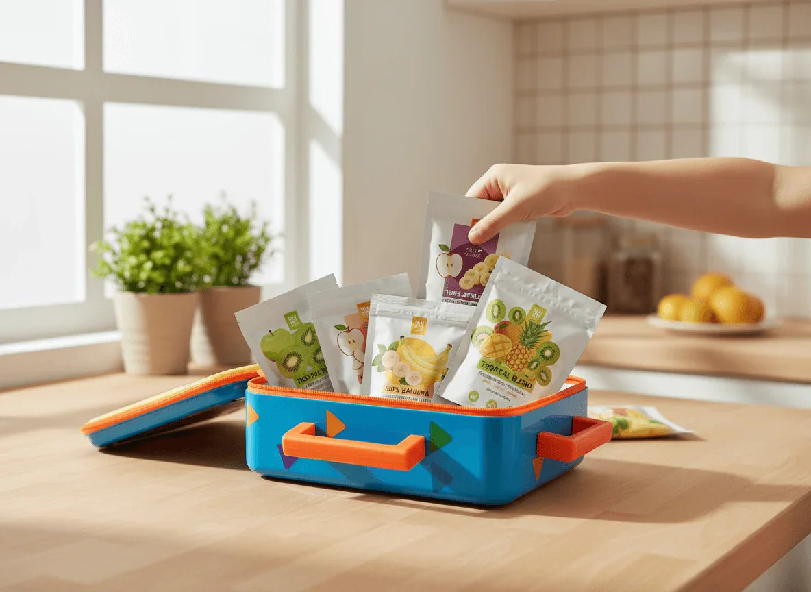 Hand placing organic dried fruit snack packs into lunchbox on kitchen counter, Spice n Slice Market
