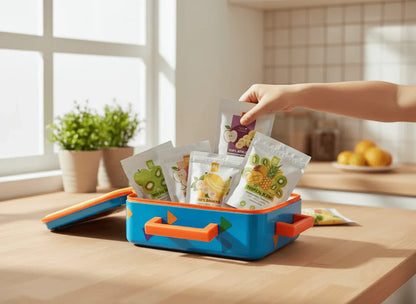 Hand placing organic dried fruit snack packs into lunchbox on kitchen counter, Spice n Slice Market