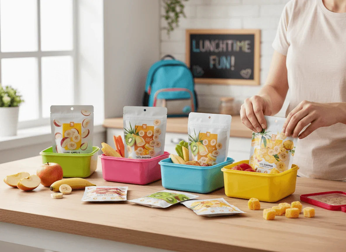 Family Fruit 24-Pack (24 Small Pouches) colorful pouches displayed on kitchen table with snack containers.