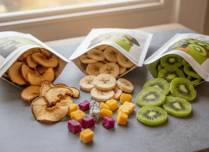 Family Fruit 24-Pack (24 Small Pouches) featuring freeze-dried apples, bananas, kiwis, and colorful fruit shapes.