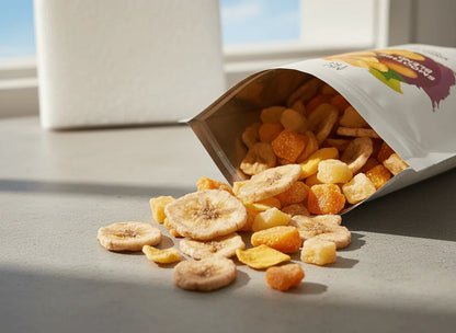 Smoothie Maker 15-Pack (15 Small Pouches) featuring freeze-dried fruit smoothie blend packets on a countertop.