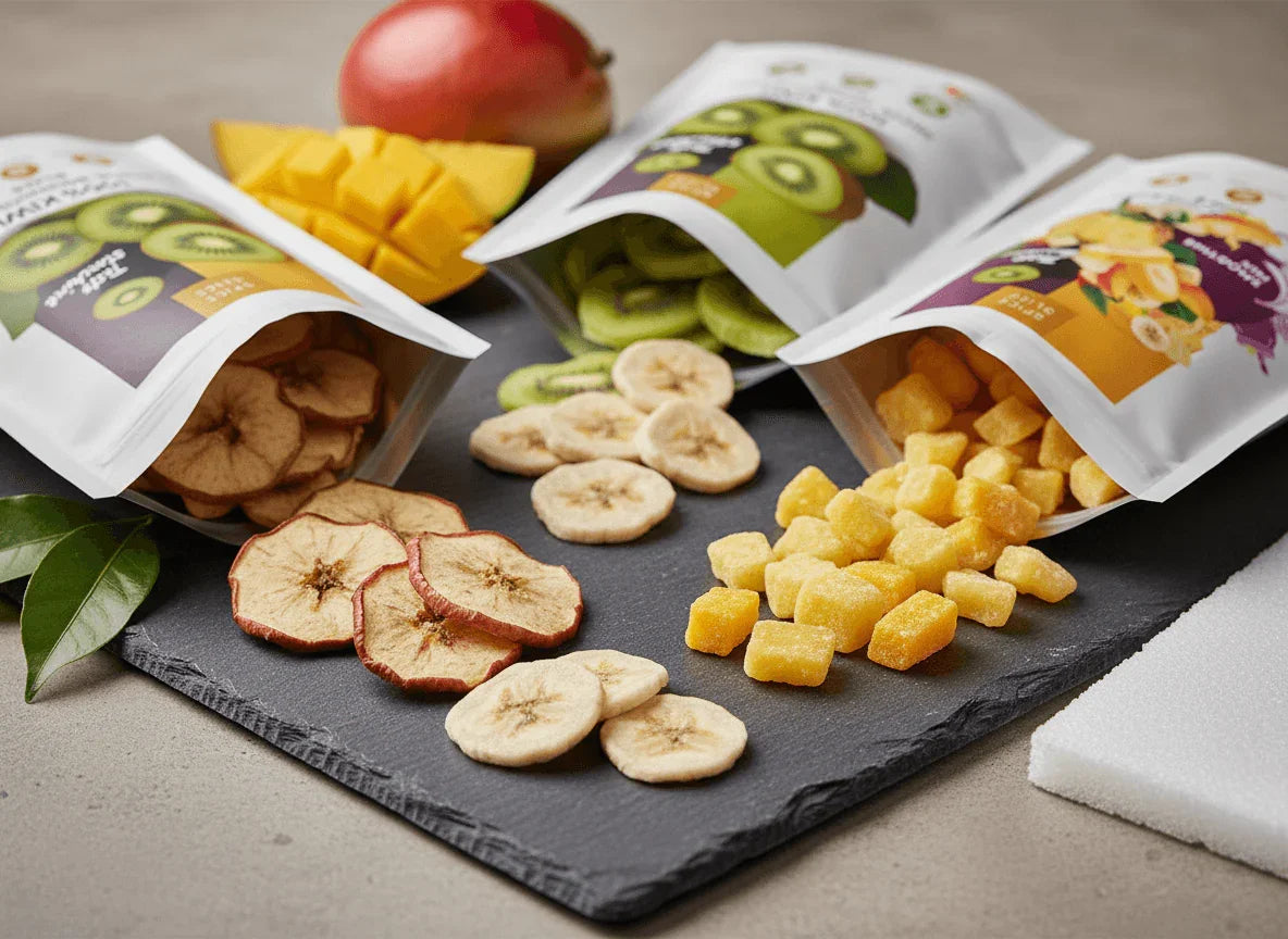 Organic dried fruits apple, banana, mango, and kiwi in resealable bags on slate, Spice n Slice Market