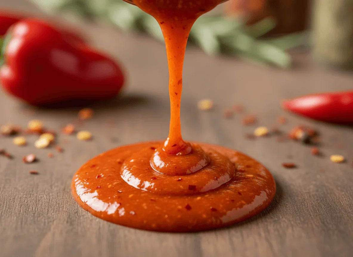 ALT A - Ultimate Heat Collection (5 Bottles) showcasing rich red sauce oozing on wooden table with chili peppers.