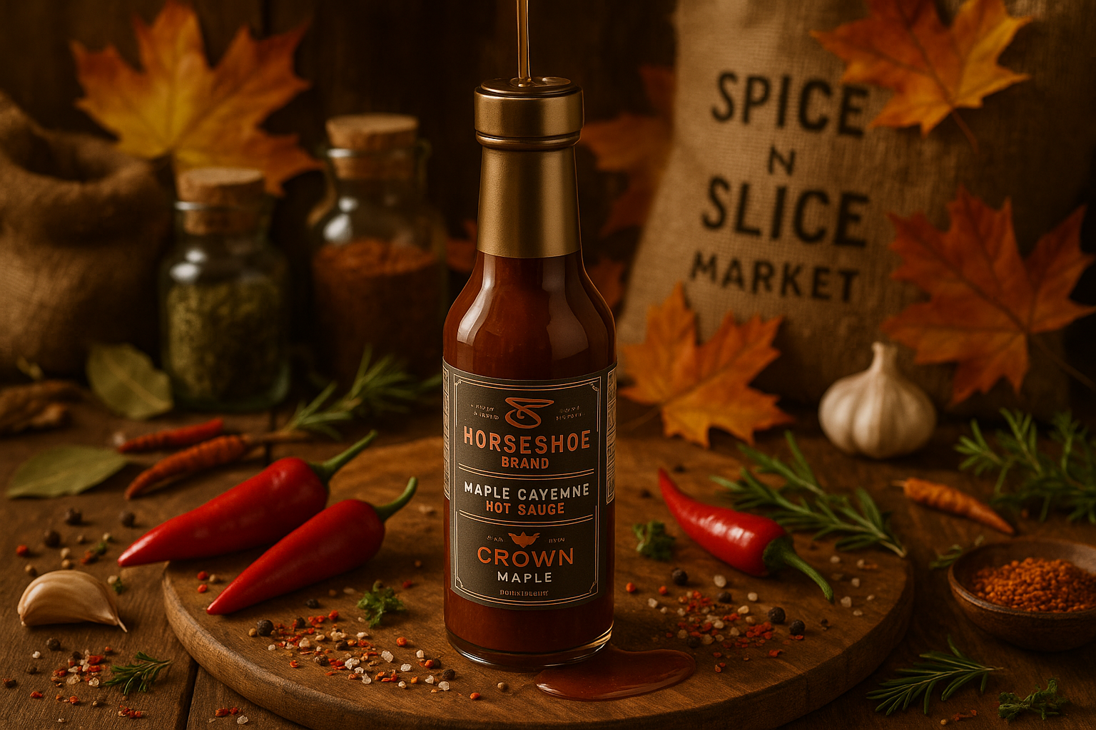 Maple Cayenne Hot Sauce in market setting