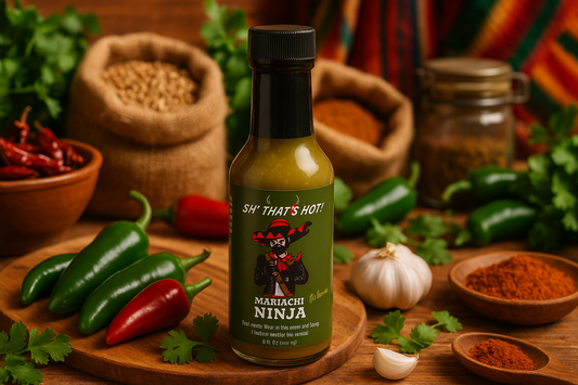 Mariachi Ninja Hot Sauce in market setting