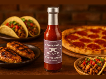 Horseshoe Brand roasted garlic hot sauce bottle with pizza, tacos, grilled chicken, and bowl of taco filling.