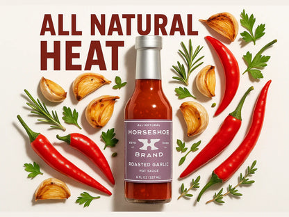 Horseshoe Brand roasted garlic hot sauce bottle with red chili peppers, garlic, and herbs