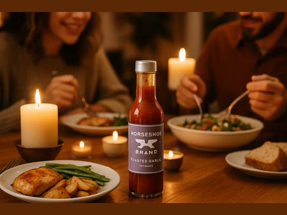 Horseshoe Brand Roasted Garlic hot sauce bottle on dinner table with candles and food