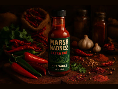 Marsh Madness Extra Hot hot sauce bottle in market with fresh peppers and spices