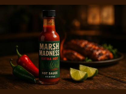 Marsh Madness Extra Hot hot sauce bottle with peppers, lime wedges, and grilled meat