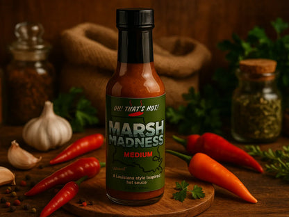 Marsh Madness medium hot sauce bottle with chili peppers, garlic, and herbs on wooden table