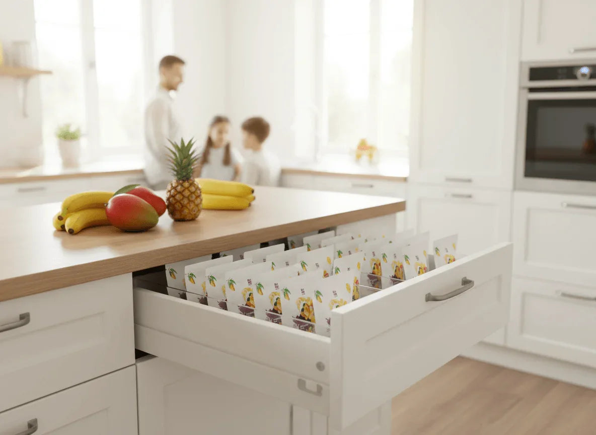 Smoothie Maker 15-Pack (15 Small Pouches) stored in a kitchen drawer with fruits on the counter.