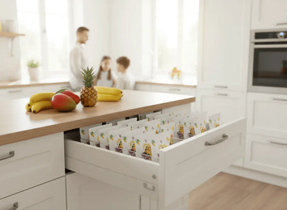 Smoothie Maker 15-Pack (15 Small Pouches) stored in a kitchen drawer with fruits on the counter.