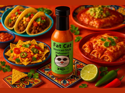 Fat Cat Mexican-Style Habanero sauce with nachos, tacos, enchiladas, and fresh lime on a festive Mexican restaurant table.