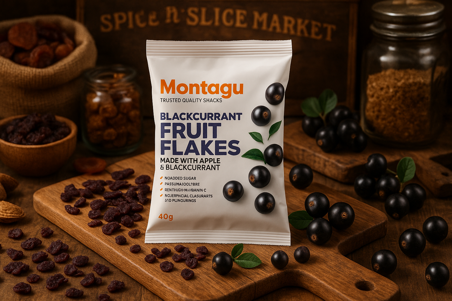 Montagu Blackcurrant Fruit Flakes in market setting