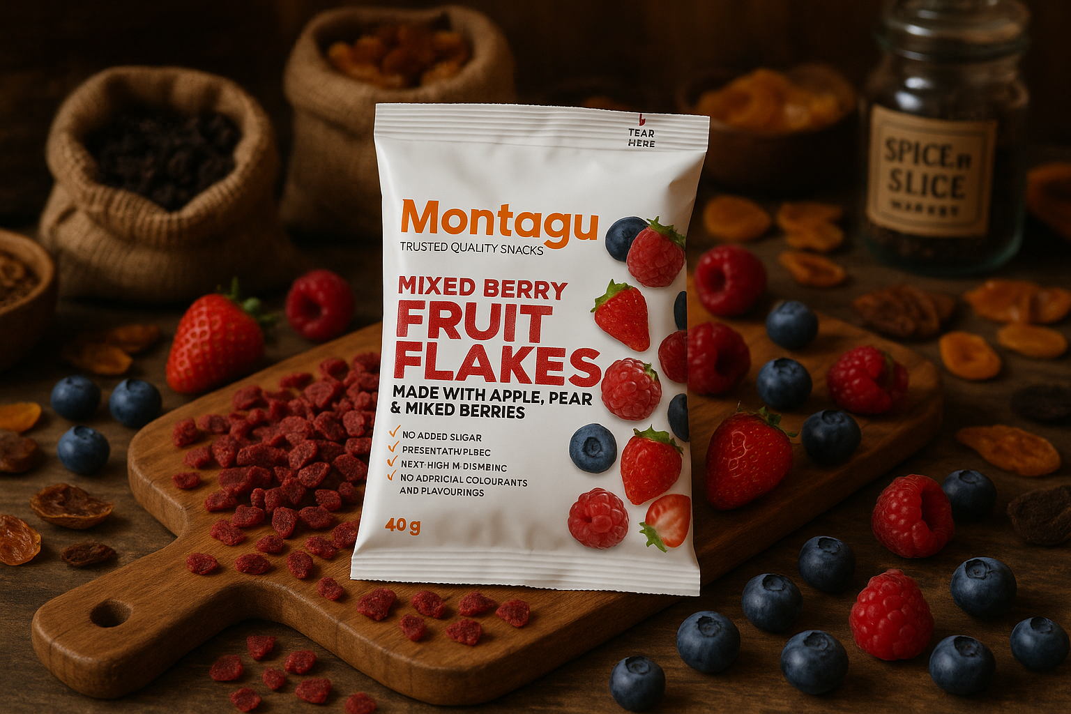 Montagu Mixed Berry Fruit Flakes in market setting