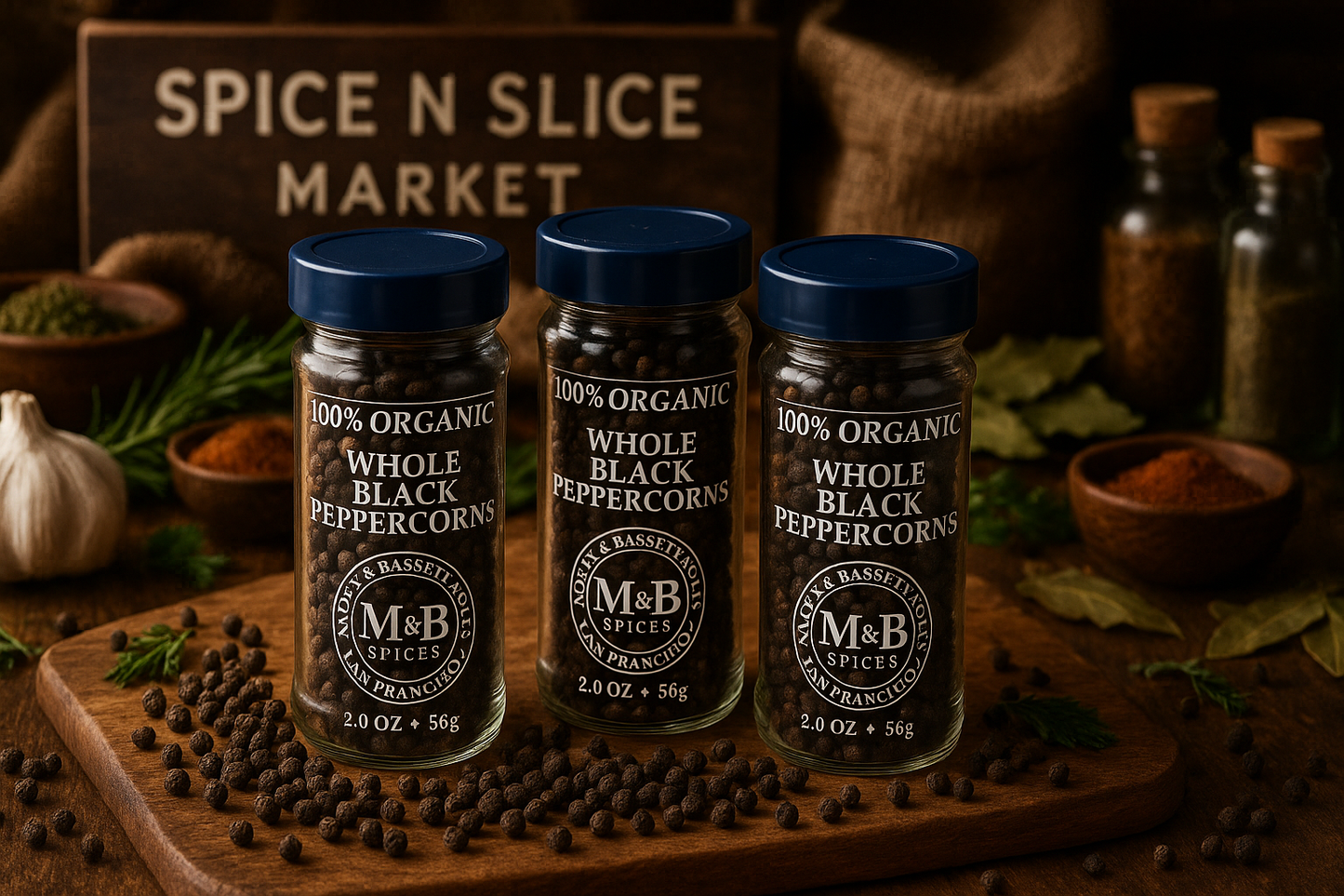 Morton & Bassett Organic Whole Black Pepper in market setting