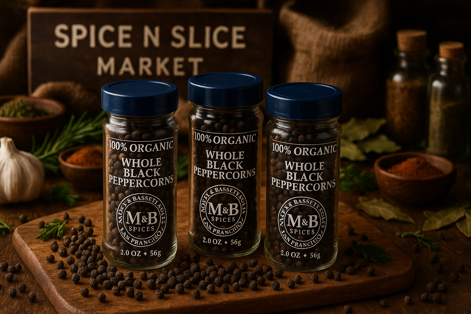 Morton & Bassett Organic Whole Black Pepper in market setting