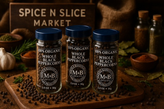 Morton & Bassett Organic Whole Black Pepper in market setting