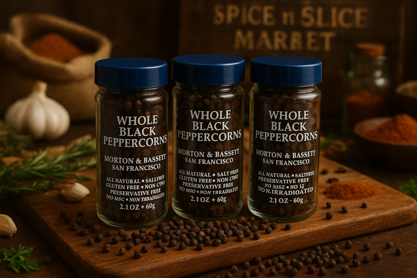 Morton & Bassett Whole Black Pepper in market setting