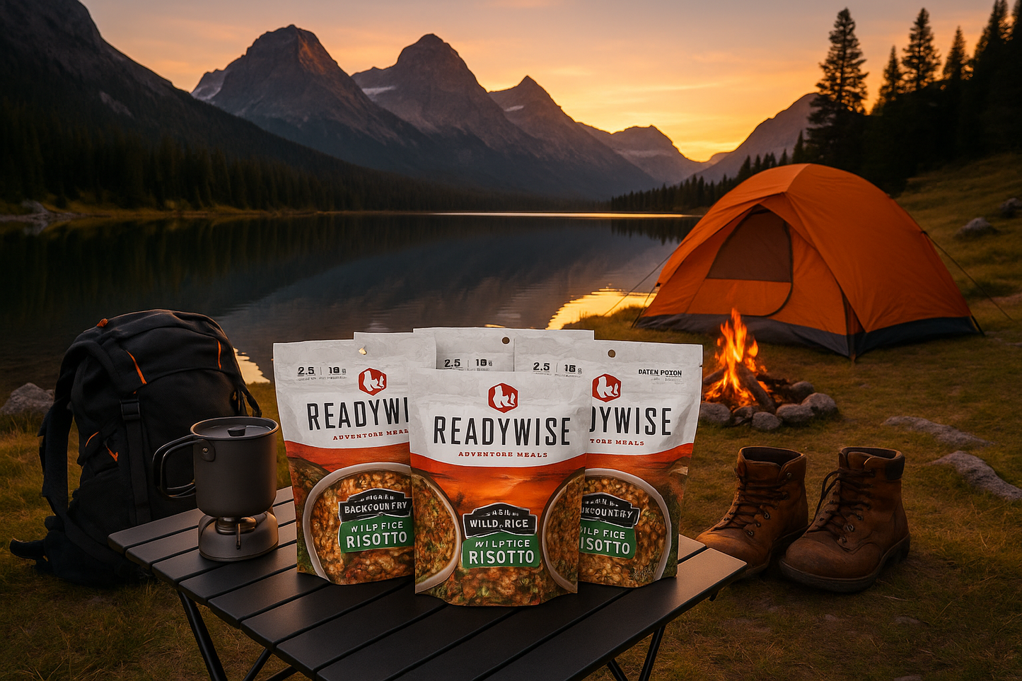 Mountain camping scene with ReadyWise meals