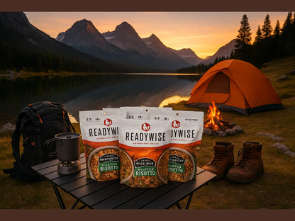 ReadyWise adventure meals on camping table by lake, tent, campfire, mountains at sunset