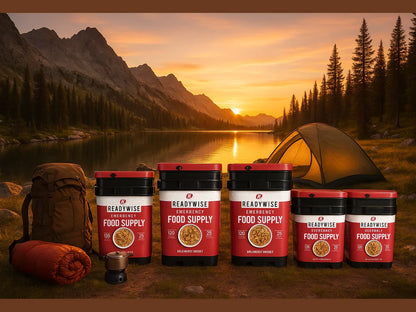Mountain camping scene with tent, backpack, and ReadyWise emergency food supply kits at sunset