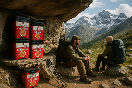 Mountain hiking basecamp with ReadyWise food supplies