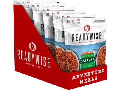 ReadyWise Adventure Meals display box with Still Lake Lasagna pouches, red packaging
