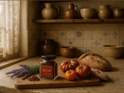 Rustic French kitchen with tomatoes, bread, lavender, and spice jar on wooden board