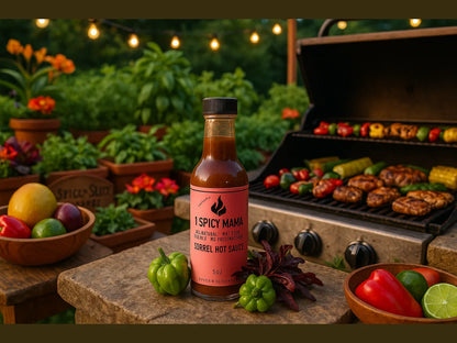 Natural garden BBQ with spices, I Spicy Mama hot sauce, grilled vegetables and chicken