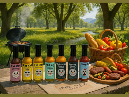 BBQ picnic in natural park with Fat Cat hot sauces, grilled food, fresh vegetables, and basket.