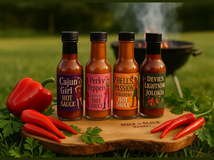 Four hot sauce bottles with peppers on a wooden board at an outdoor picnic grill