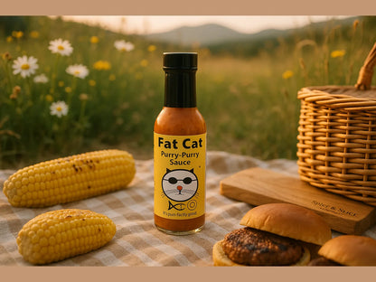 Fat Cat Purry-Purry Sauce on picnic blanket with corn, burgers, basket, and wildflowers outdoors