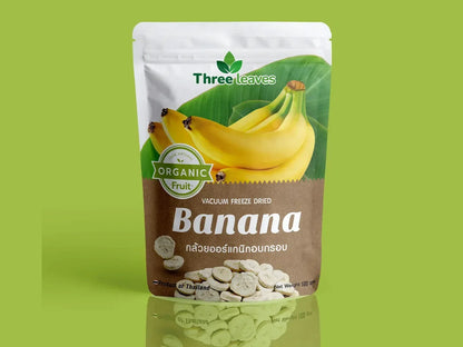 Three Leaves organic vacuum freeze dried banana snack packaging with banana imagery on green background