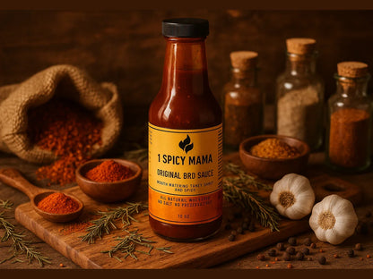 Original BBQ sauce bottle with spices, garlic, and herbs on a rustic wooden market setting