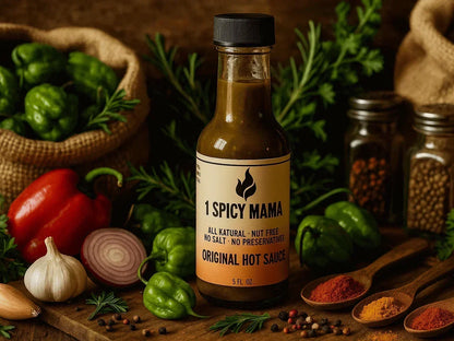 Original hot sauce bottle with peppers, garlic, spices, and herbs in a rustic market setting