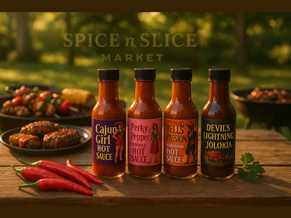 Outdoor BBQ scene with four hot sauce bottles, fresh chili peppers, grilled food, and Spice n Slice Market branding.